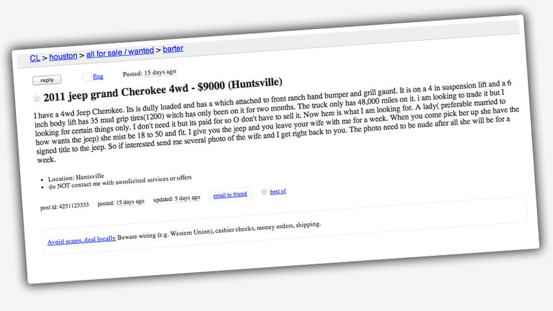 Illustration for article titled Guy On Craigslist Will Trade You His SUV For A Week With Your Wife